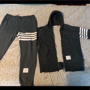 Thom Browne hoodie and pants.
